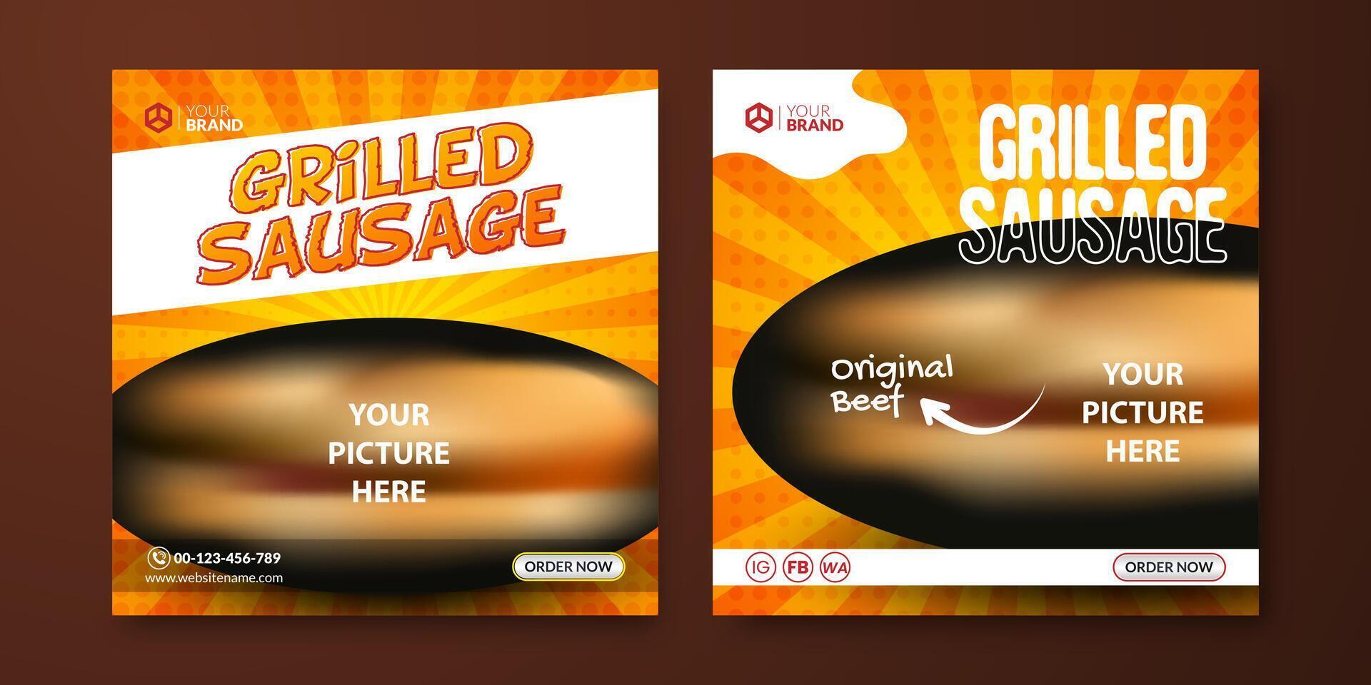 Grilled sausage Instagram posts template. Food social media background. Orange background for banner advertising vector