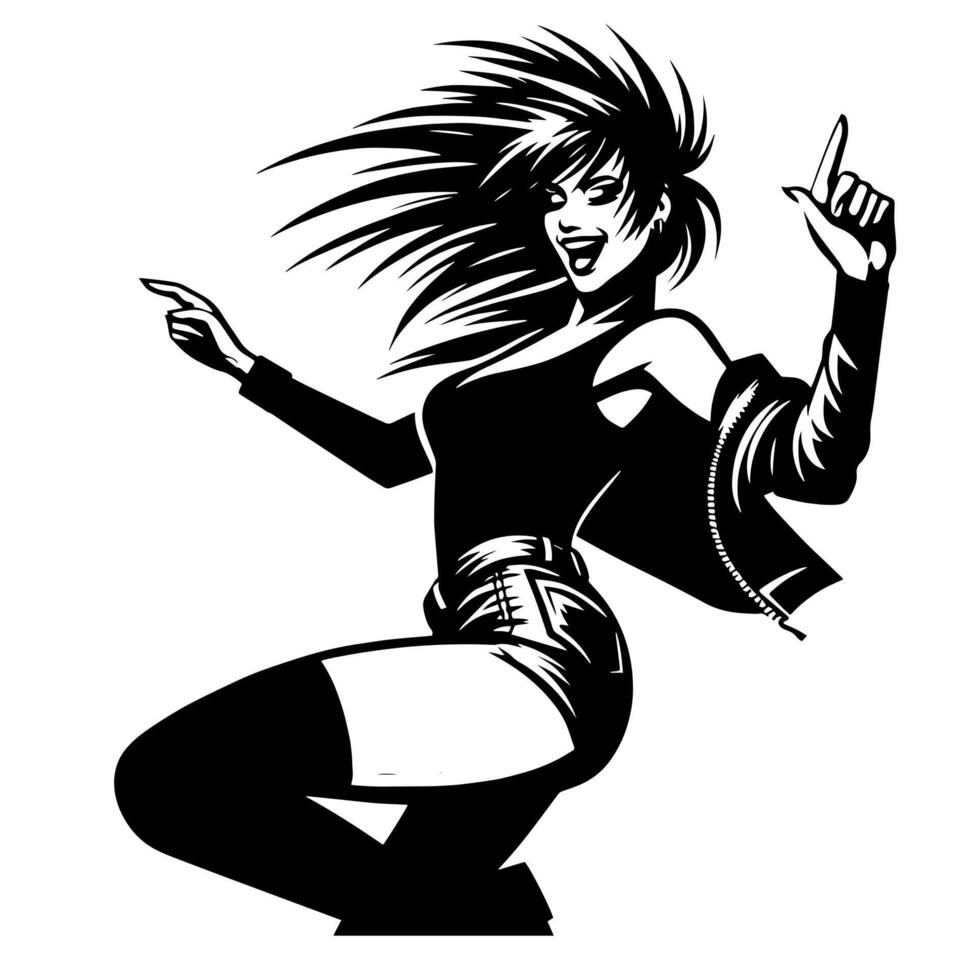 Black and White Illustration of a punk Woman is dancing and shaking in a Successful Pose vector