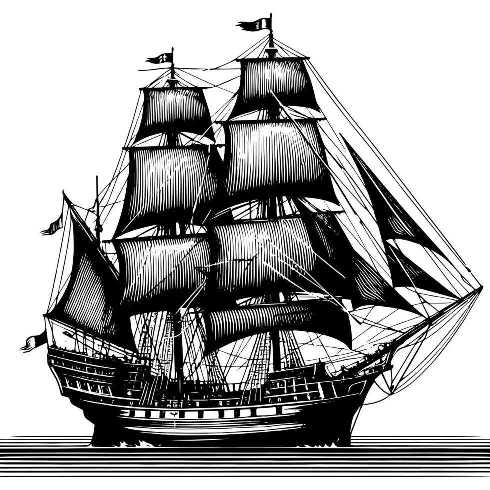 Black and White Illustration of a traditional old sailing ship vector