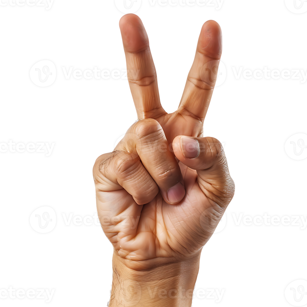 Man hand showing the sign of victory on isolated transparent background png