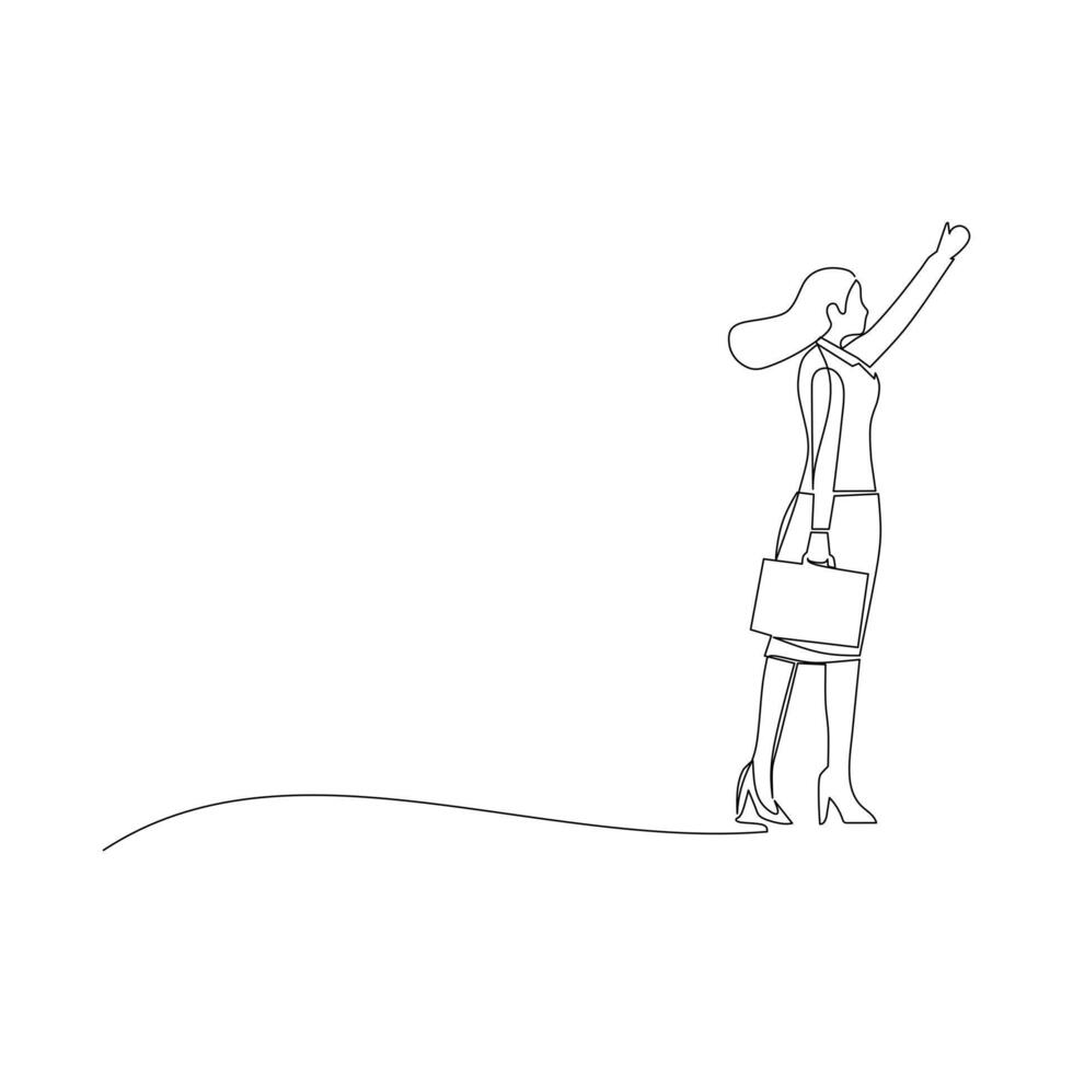 Continuous one line drawing of happy businesswoman with briefcase. Career goal achievement and development in business vector