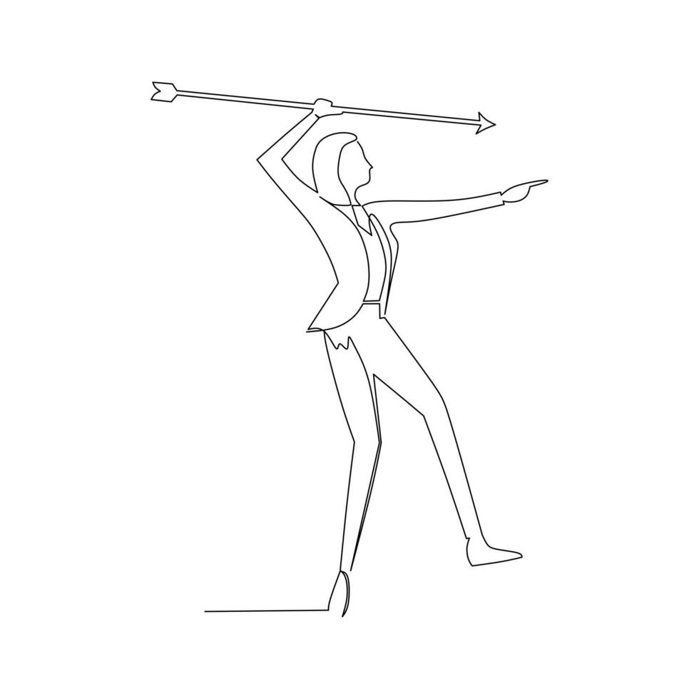 continuous line drawing of a businesswoman holding an arrow. illustration for business concept design vector