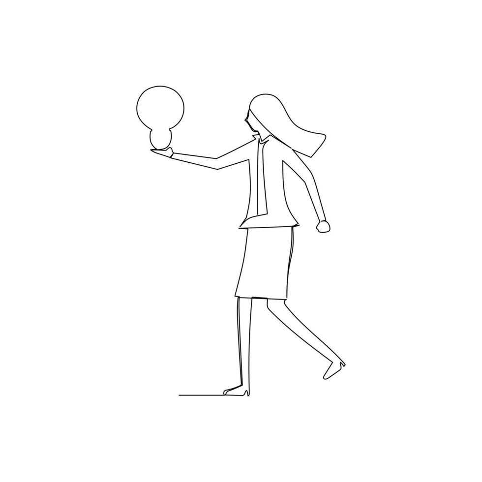 Businesswoman holding a light bulb. Simple hand drawn continuous line drawing for business illustration and concept design vector