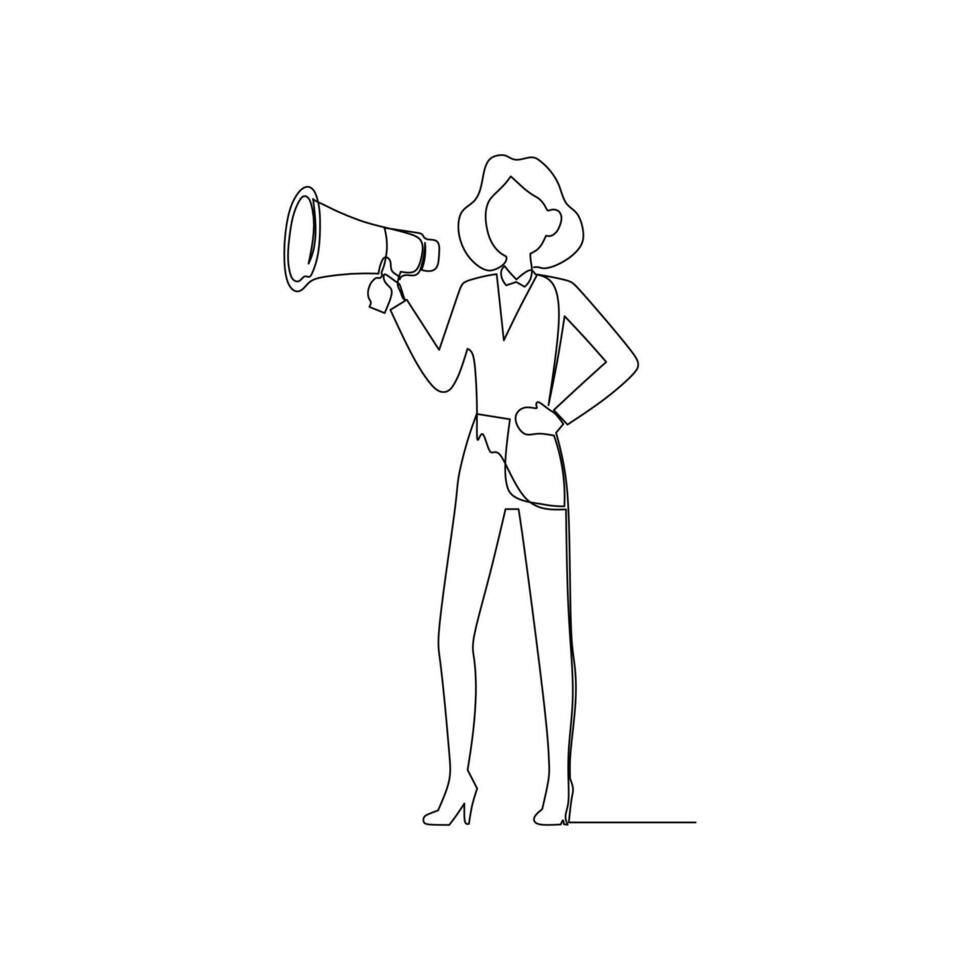 continuous line drawing of a businesswoman with megaphone to Communicate message, announce job vacancy for hiring, shouting promotion or company communication, warning alert vector