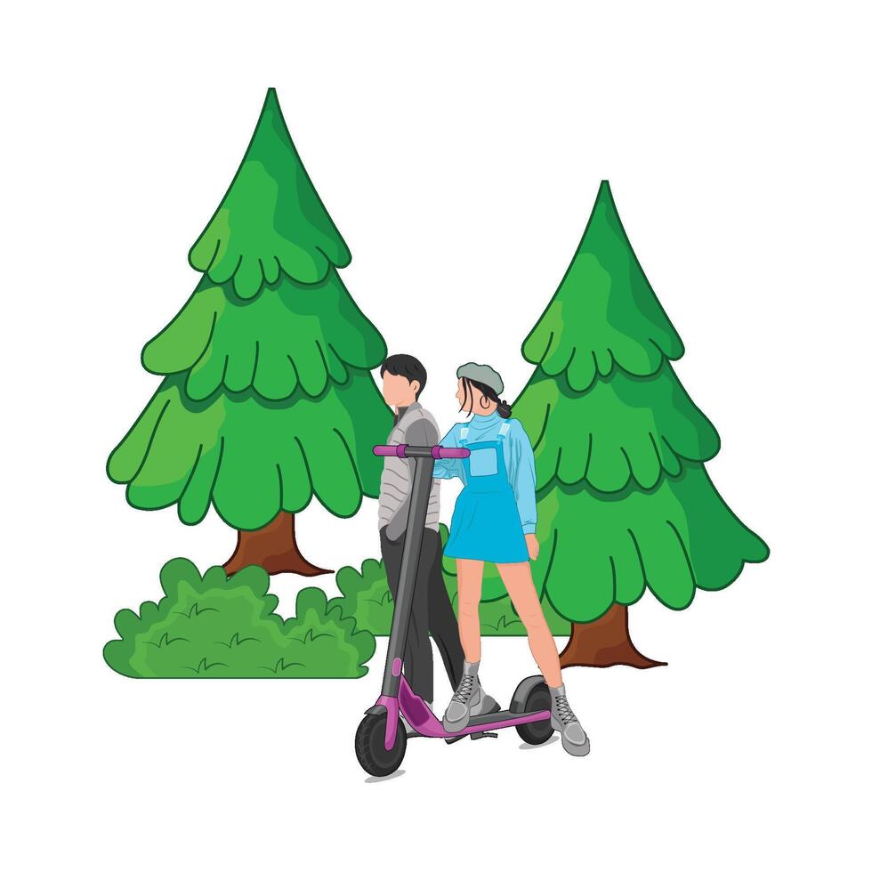 ilustración de Pareja montando eléctrico scooter vector