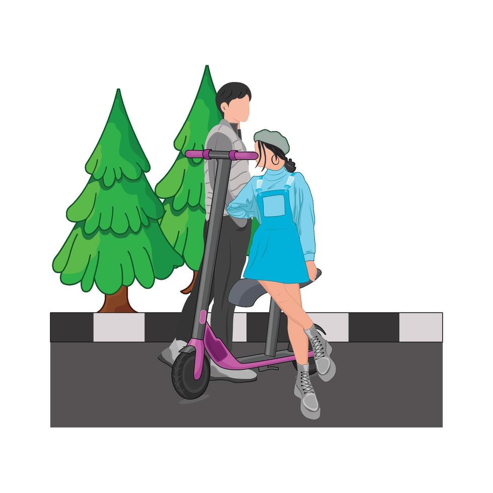 ilustración de Pareja montando eléctrico scooter vector