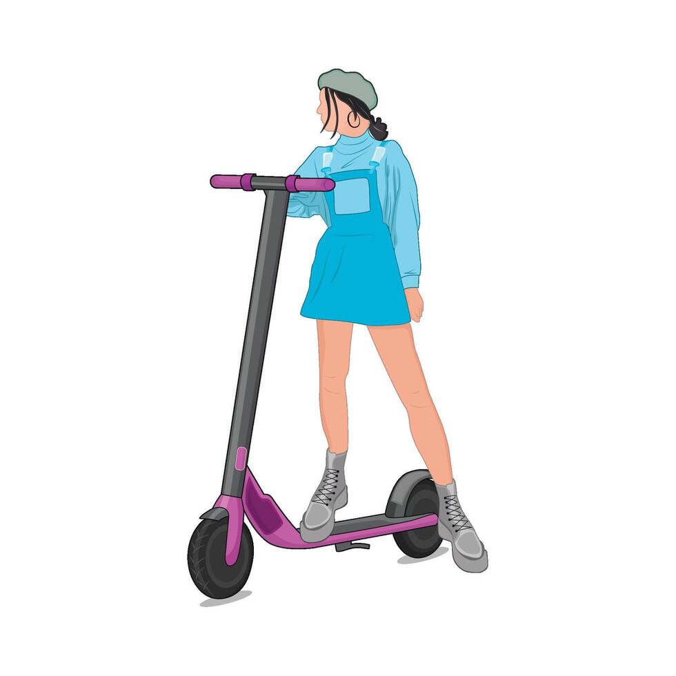 ilustración de mujer montando eléctrico scooter vector