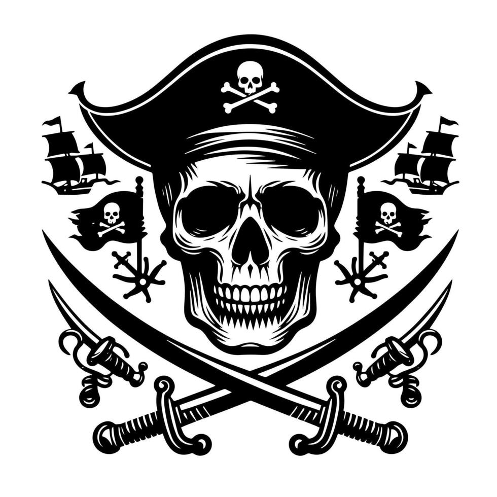 negro y blanco ilustración de pirata símbolo con espadas y sombrero vector