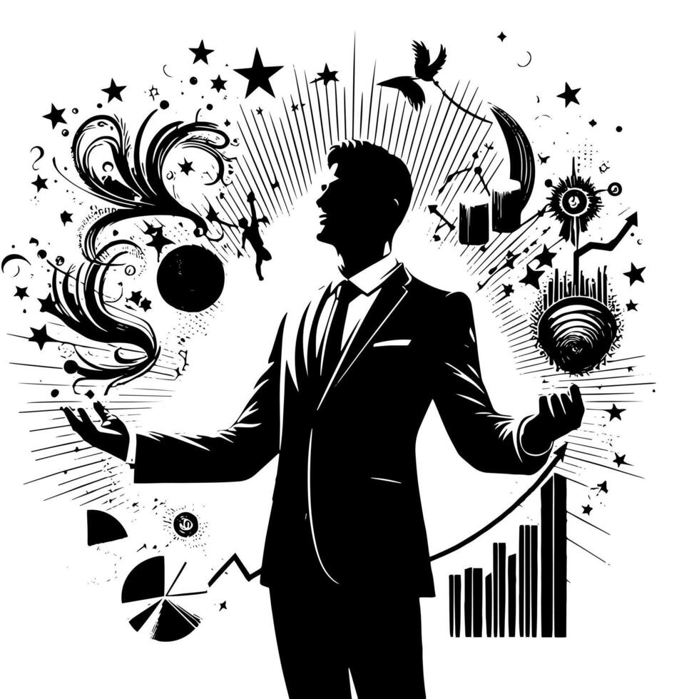 Black and white Illustration of a successful Business Man with Money Cars and Luxus vector