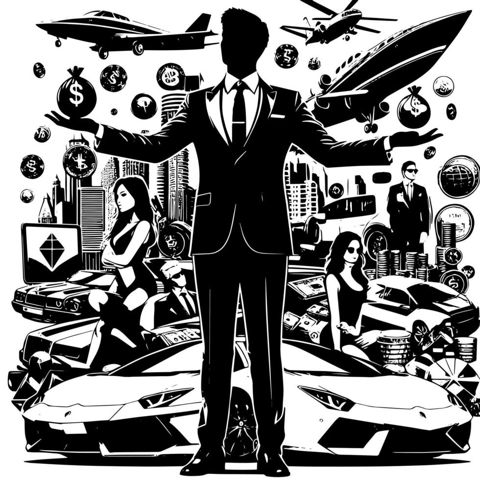 Black and white Illustration of a successful Business Man with Money Cars Girls and Luxus vector