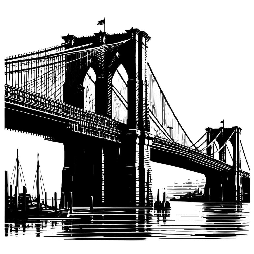 Black and White Illustration of Brooklyn Bridge in New York City Manhattan vector