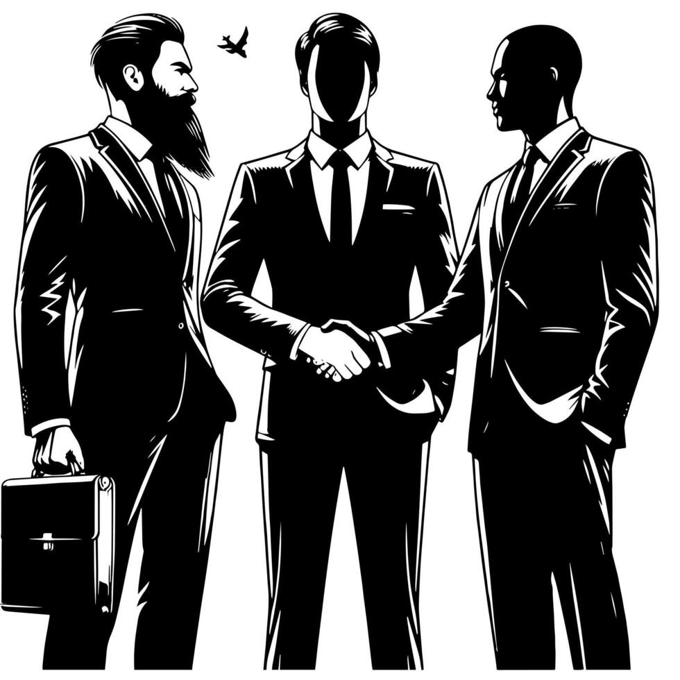 Black and white Illustration of a Handshake bewtween two Business Men in Suits vector