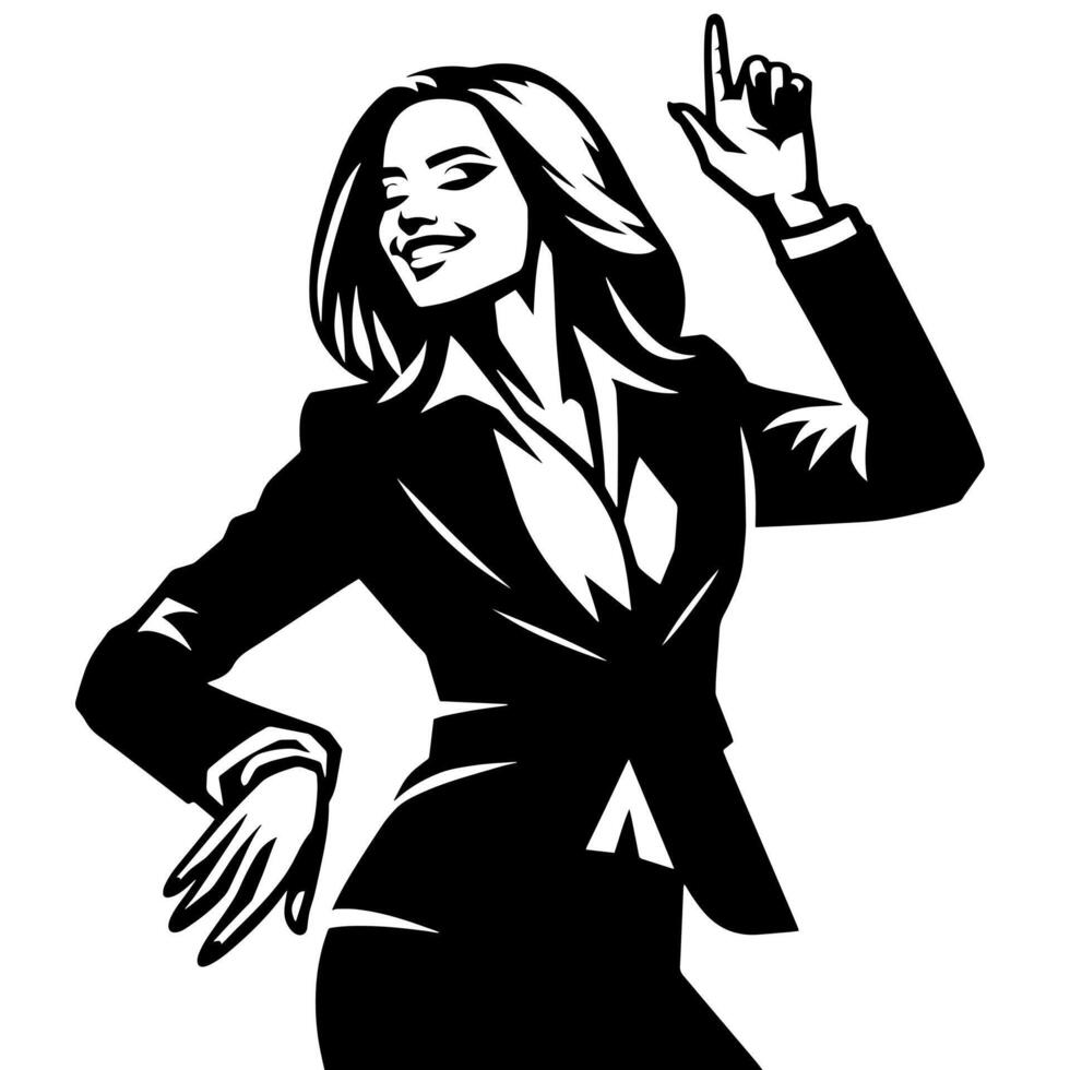 Black and White Illustration of a Woman in Business Suit is dancing and shaking in a Successful Pose vector