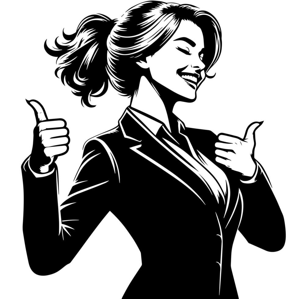 Black and White Illustration of a Woman in Business Suit is dancing and shaking in a Successful Pose vector