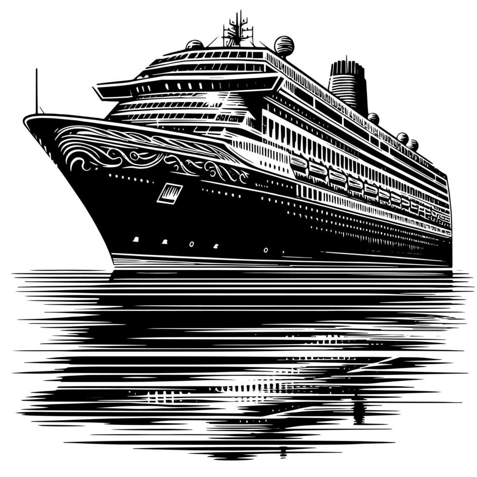 Black and White Illustration of a ocean liner at the sea vector