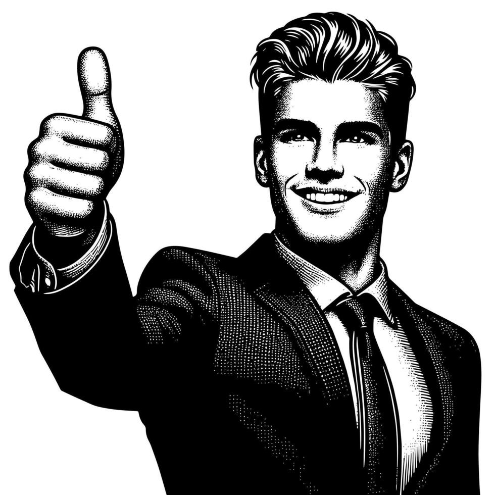 Black and White Illustration of a Man in Business Suit is showing the Thumbs up Sign vector