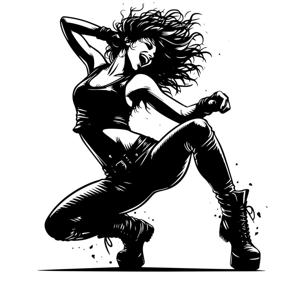 negro y blanco ilustración de un punk mujer es bailando y sacudida en un exitoso actitud vector