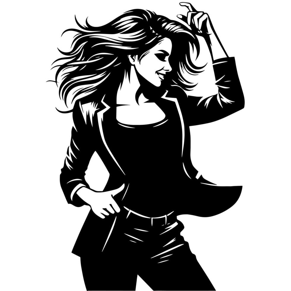 Black and White Illustration of a Woman in Business Suit is dancing and shaking in a Successful Pose vector