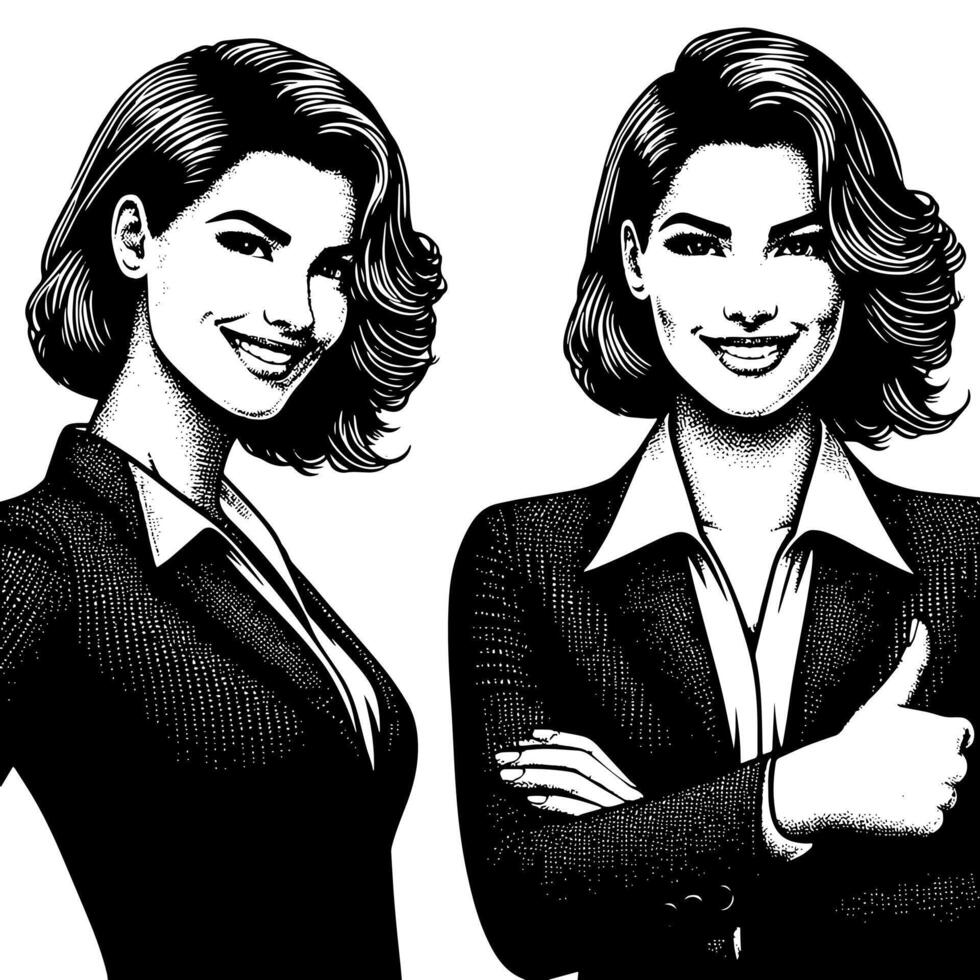 Black and White Illustration of a Woman in Business Suit is showing the Thumbs up Sign vector