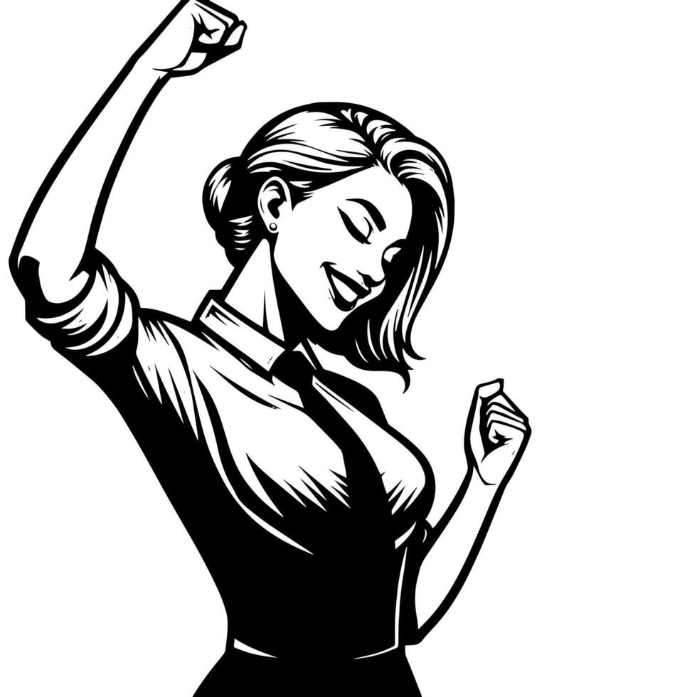 Black and White Illustration of a Woman in Business Suit is dancing and shaking in a Successful Pose vector