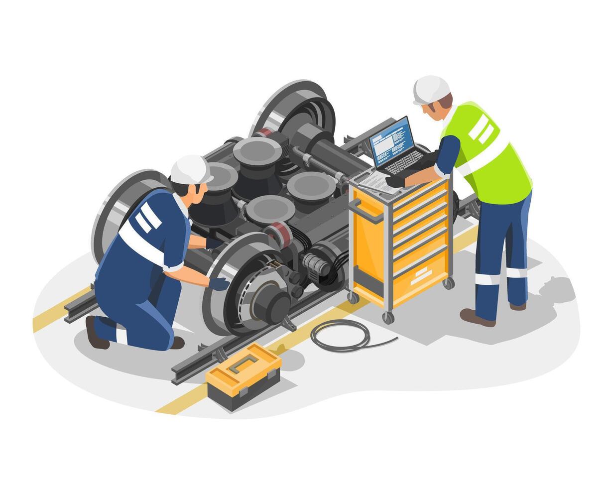 Electric train engine motor Preventing maintenance concept Engineer and mechanic work together in garage station isometric isolated vector