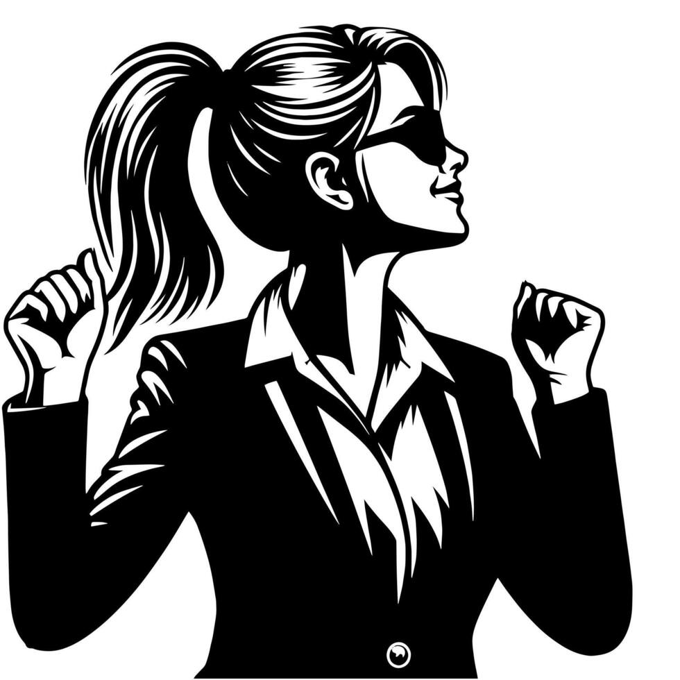 Black and White Illustration of a Woman in Business Suit is dancing and shaking in a Successful Pose vector