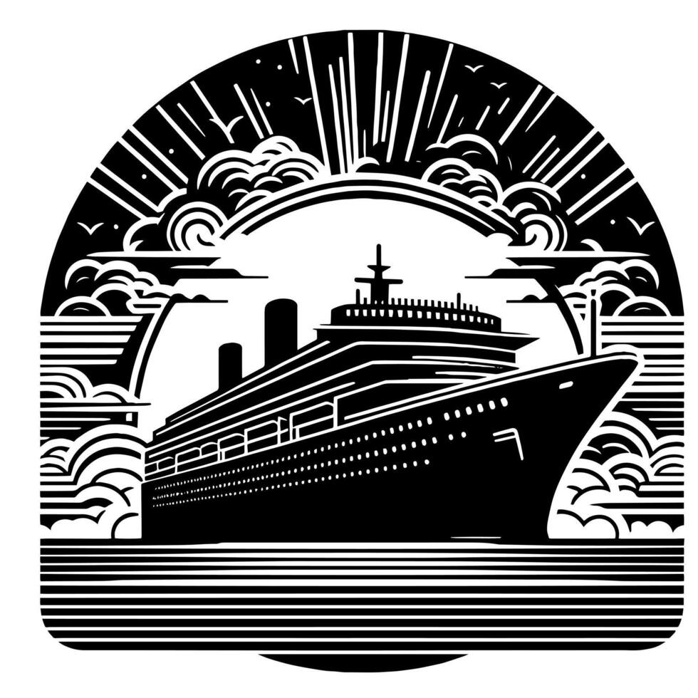 Black and White Illustration of a ocean liner at the sea vector