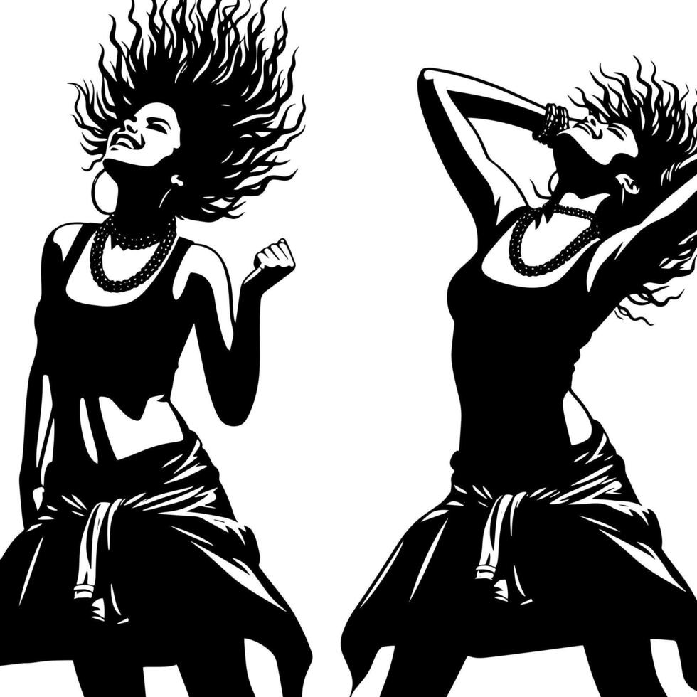 Black and White Illustration of a punk Woman is dancing and shaking in a Successful Pose vector