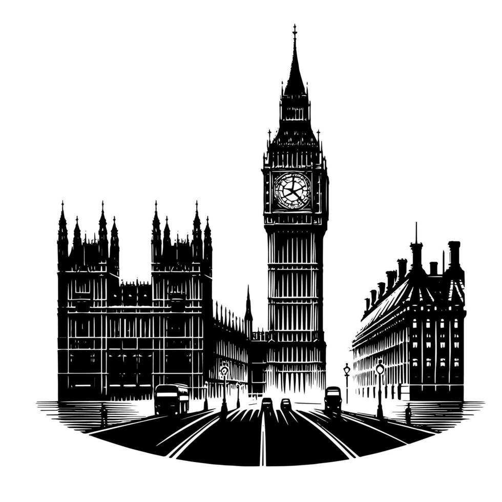 negro y blanco ilustración de grande ben torre en Londres vector