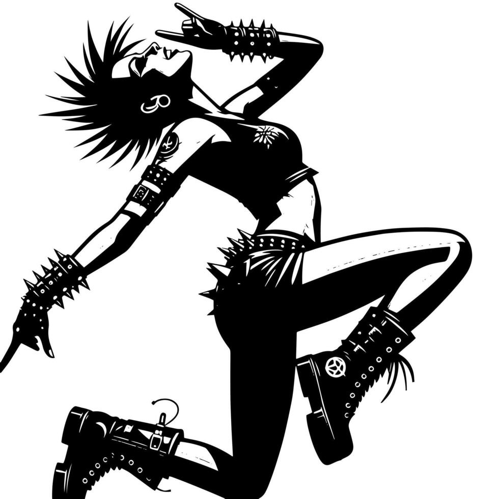 negro y blanco ilustración de un punk mujer es bailando y sacudida en un exitoso actitud vector