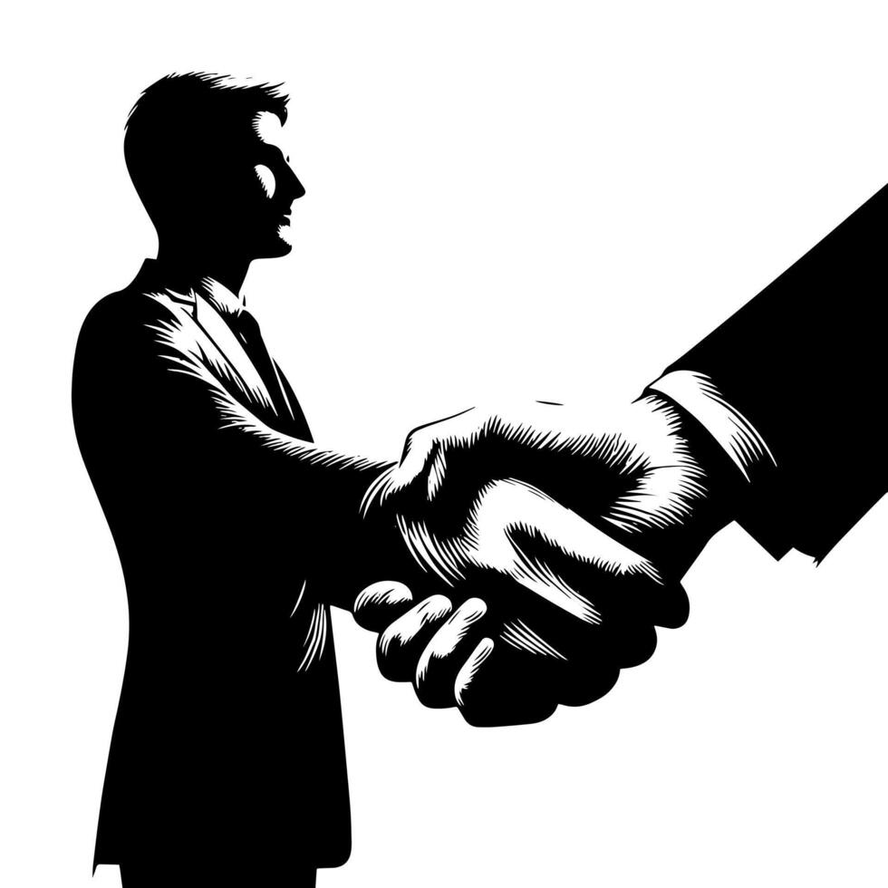 Black and white Illustration of a Handshake bewtween two Business Men in Suits vector