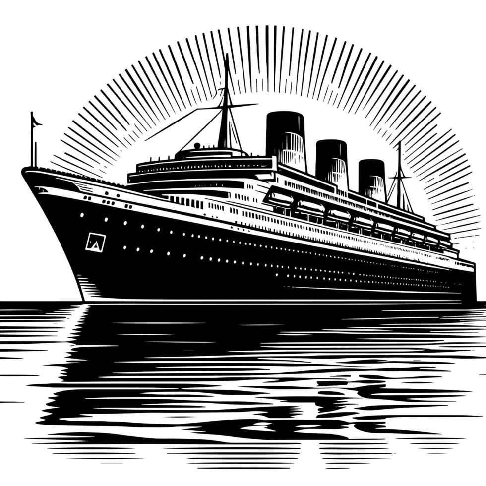 Black and White Illustration of a ocean liner at the sea vector