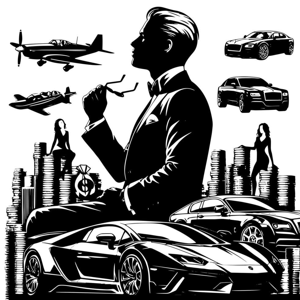 negro y blanco ilustración de un exitoso negocio hombre con dinero carros muchachas y lujo vector