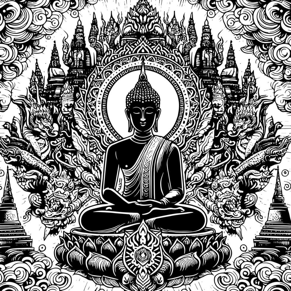 negro y blanco ilustración de un Buda estatua símbolo vector