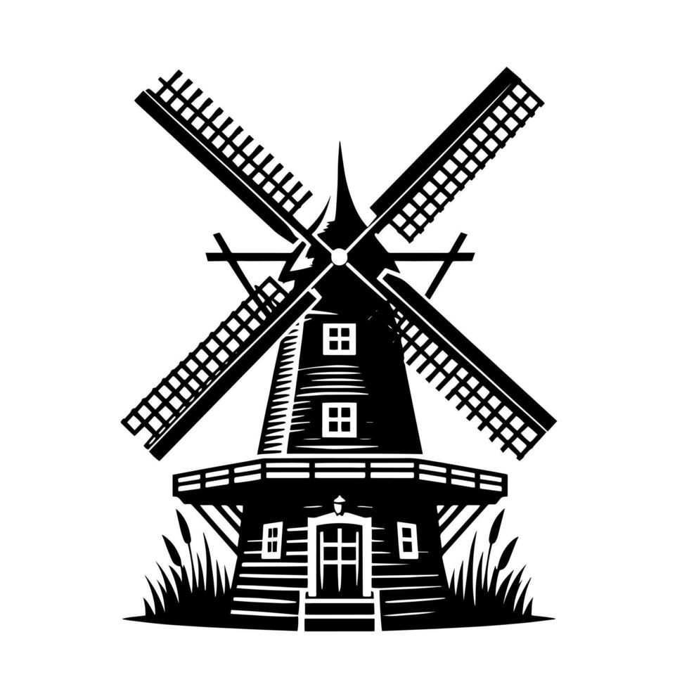 Black and White Illustration of a traditional old Windmill in Holland vector