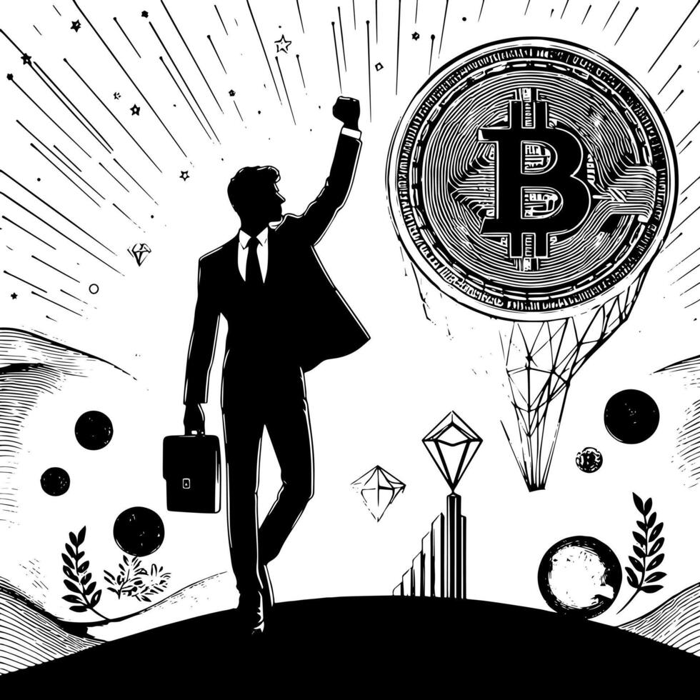 negro y blanco ilustración de un exitoso negocio hombre con bitcoins dinero carros y lujo vector