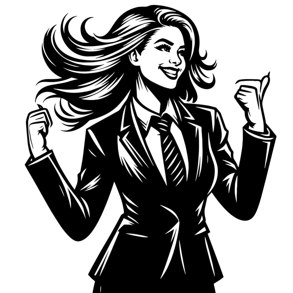 Black and White Illustration of a Woman in Business Suit is dancing and shaking in a Successful Pose vector