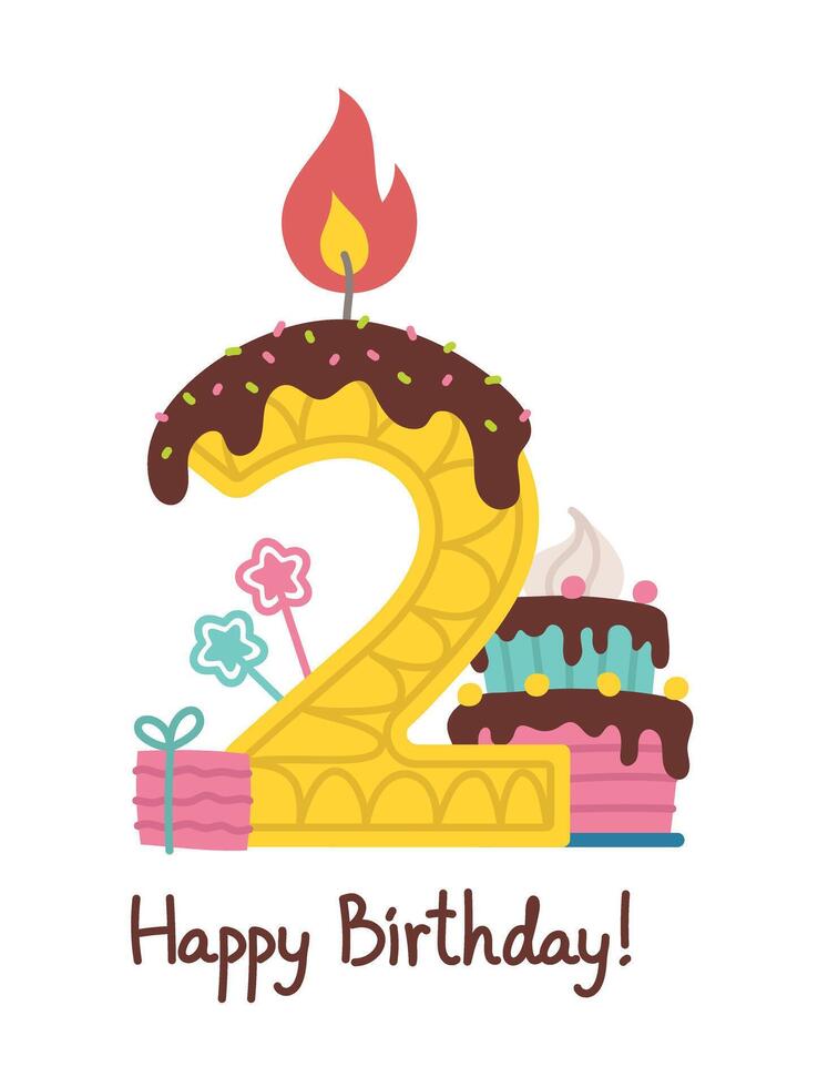 Happy birthday. Candle number, gifts, Cake, star. Two. illustration isolated on white vector