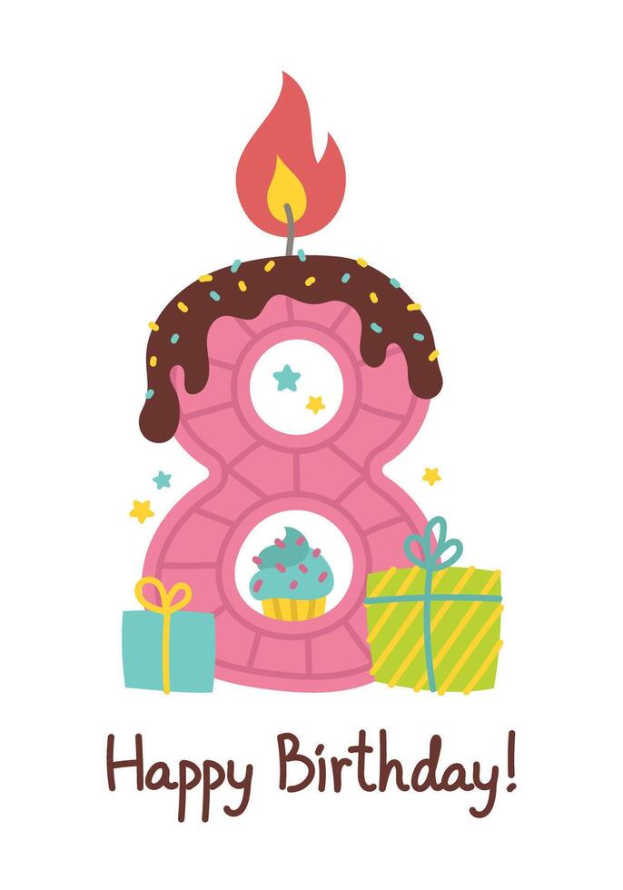 Happy birthday. Candle number, gifts, cupcake, muffin, star. Eight. illustration isolated on white vector