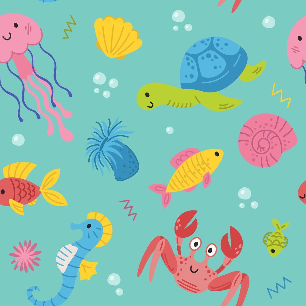 continuo modelo de mar vida. mar criaturas Medusa, pez, caballo de mar, cangrejo, conchas garabatear dibujos animados ilustración de mar vida objetos para textil vector