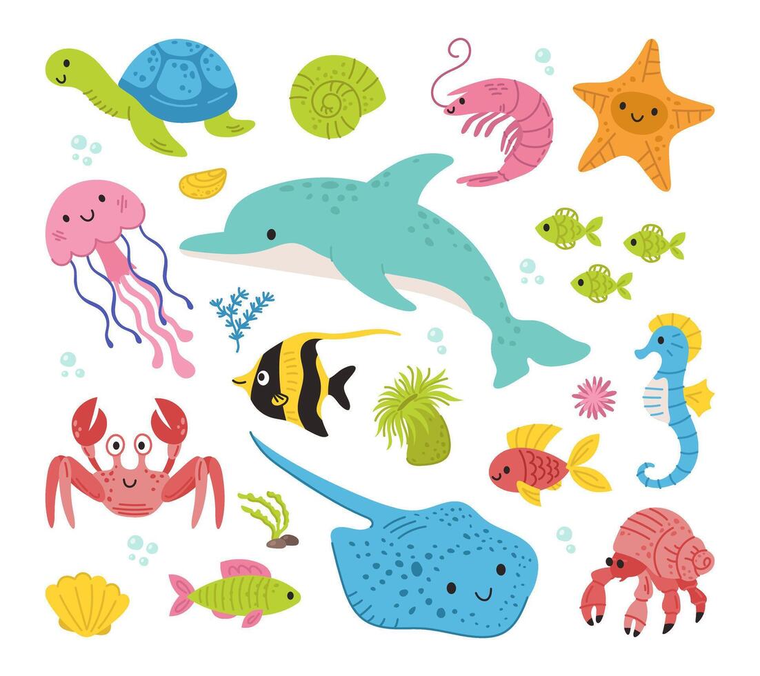 mar vida colocar. mar animales delfín, mantarraya, Medusa, pez, cangrejo, caballo de mar. algas y conchas garabatear dibujos animados ilustración de mar vida objetos para tu diseño vector