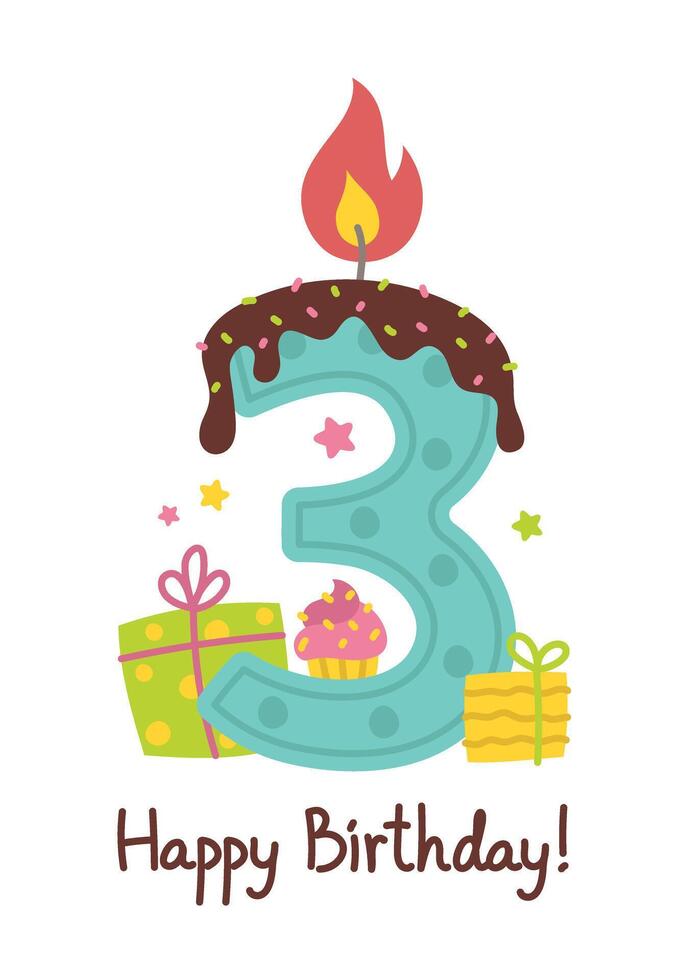 Happy birthday. Candle number, gifts, cupcake, muffin, star. Three. illustration isolated on white vector