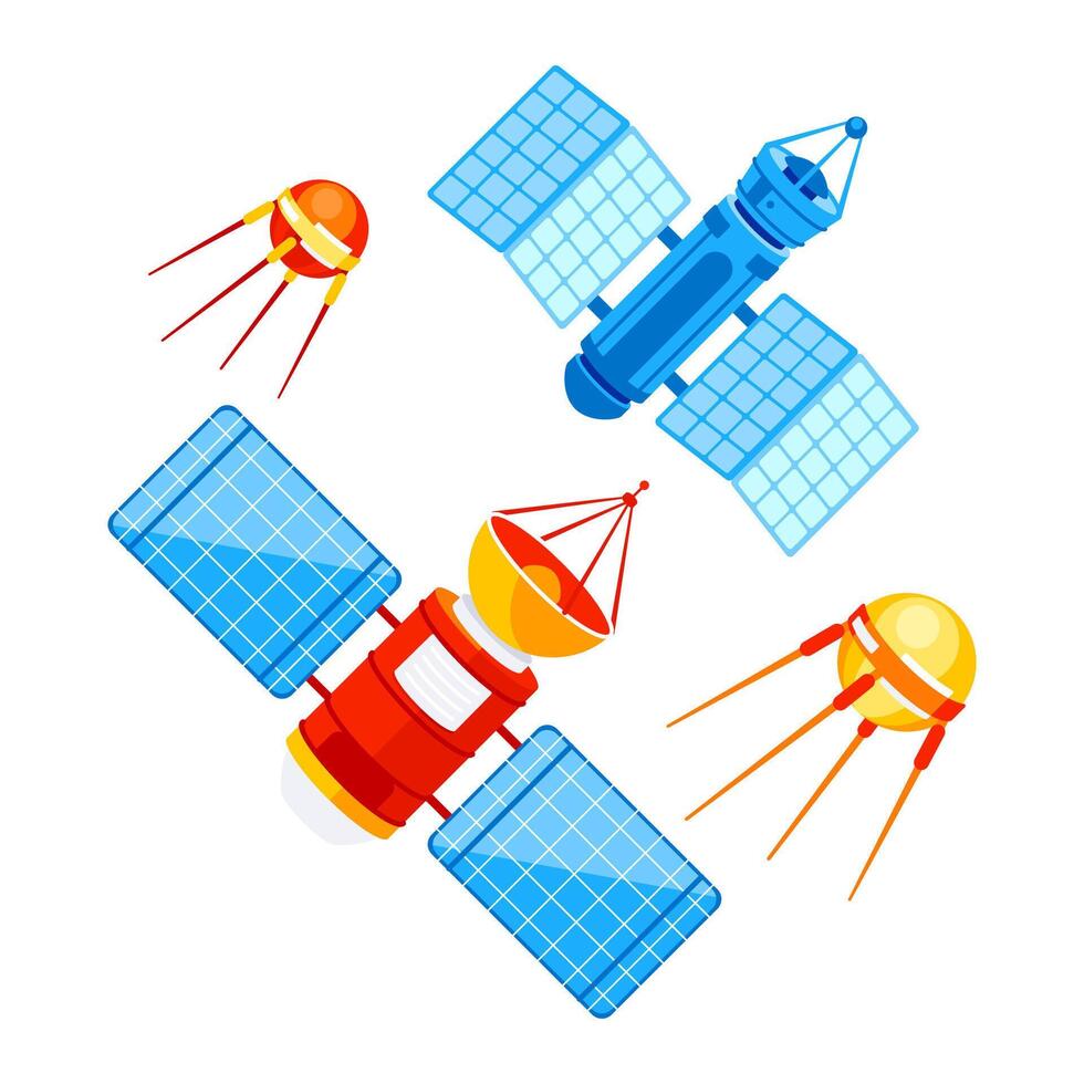 espacio orbital satélite y plato antena. GPS satélite. radio transmisor en orbita vector