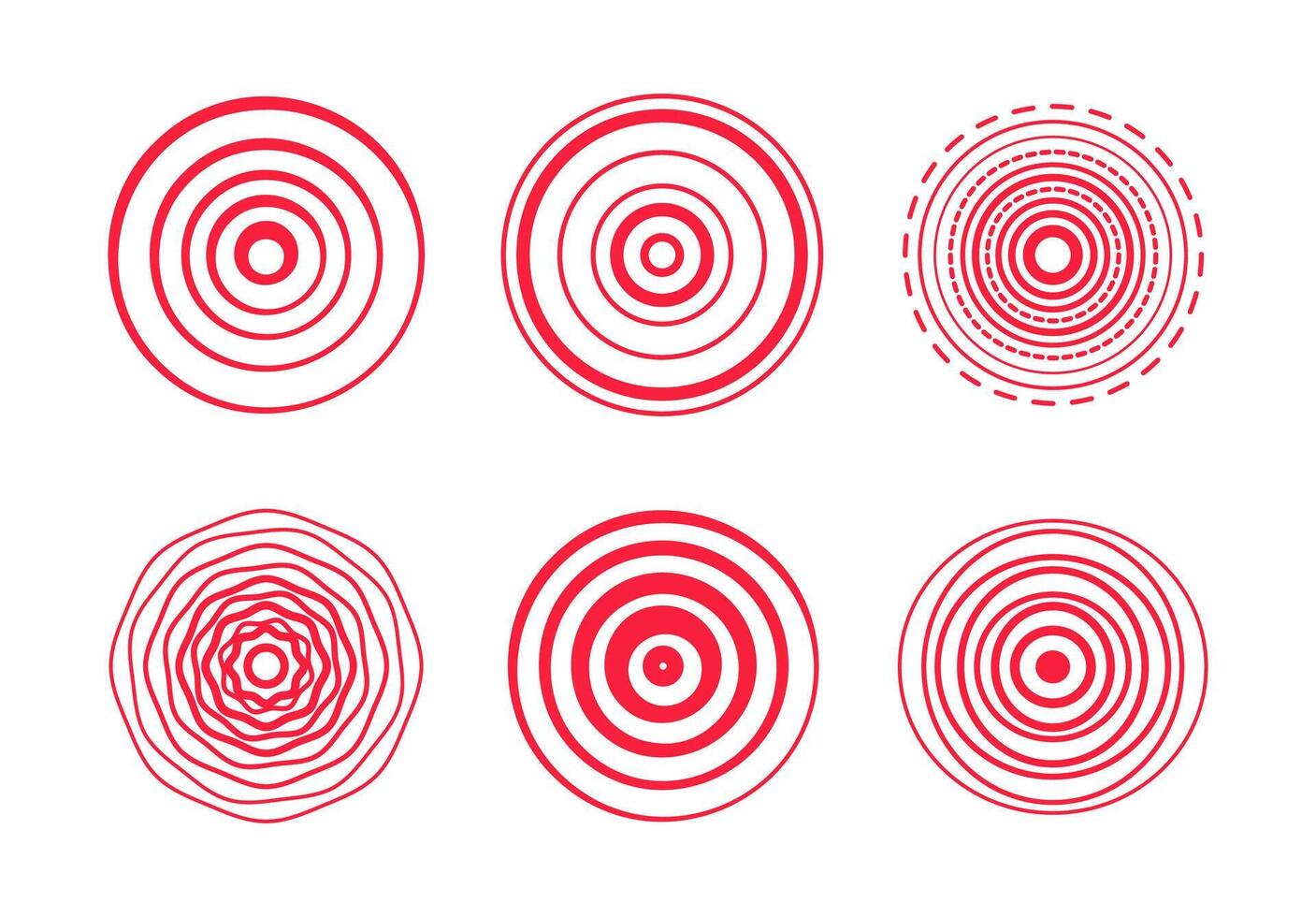 Pain red circle or localization mark. Target spot symbols for medical. Red rings. Sonar waves vector