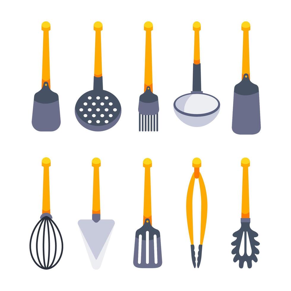 Kitchen tools set. Kitchenware, frying spoon, cook appliances. vector