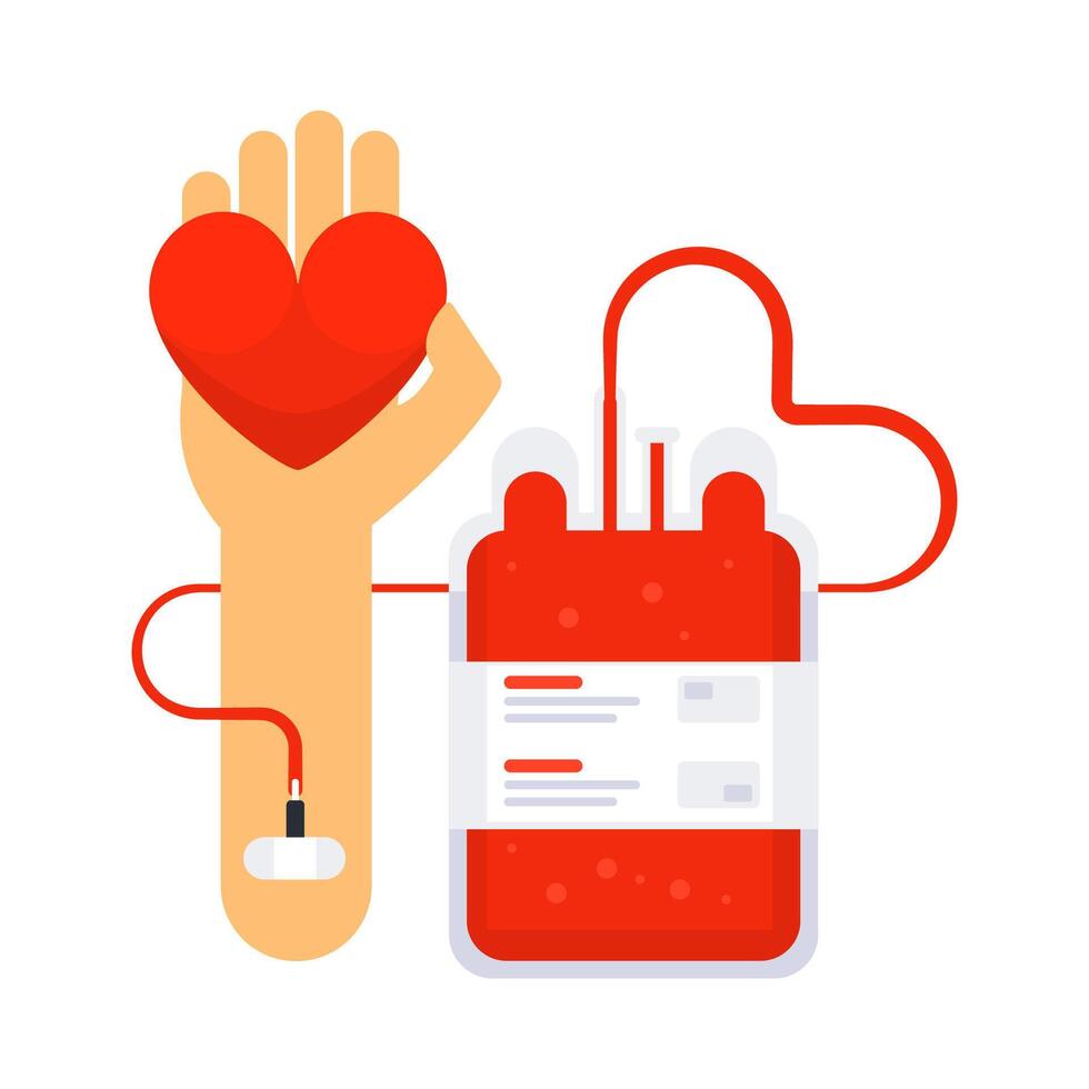 Donate blood concept with blood bag. Donor arm. Medical and healthcare. vector