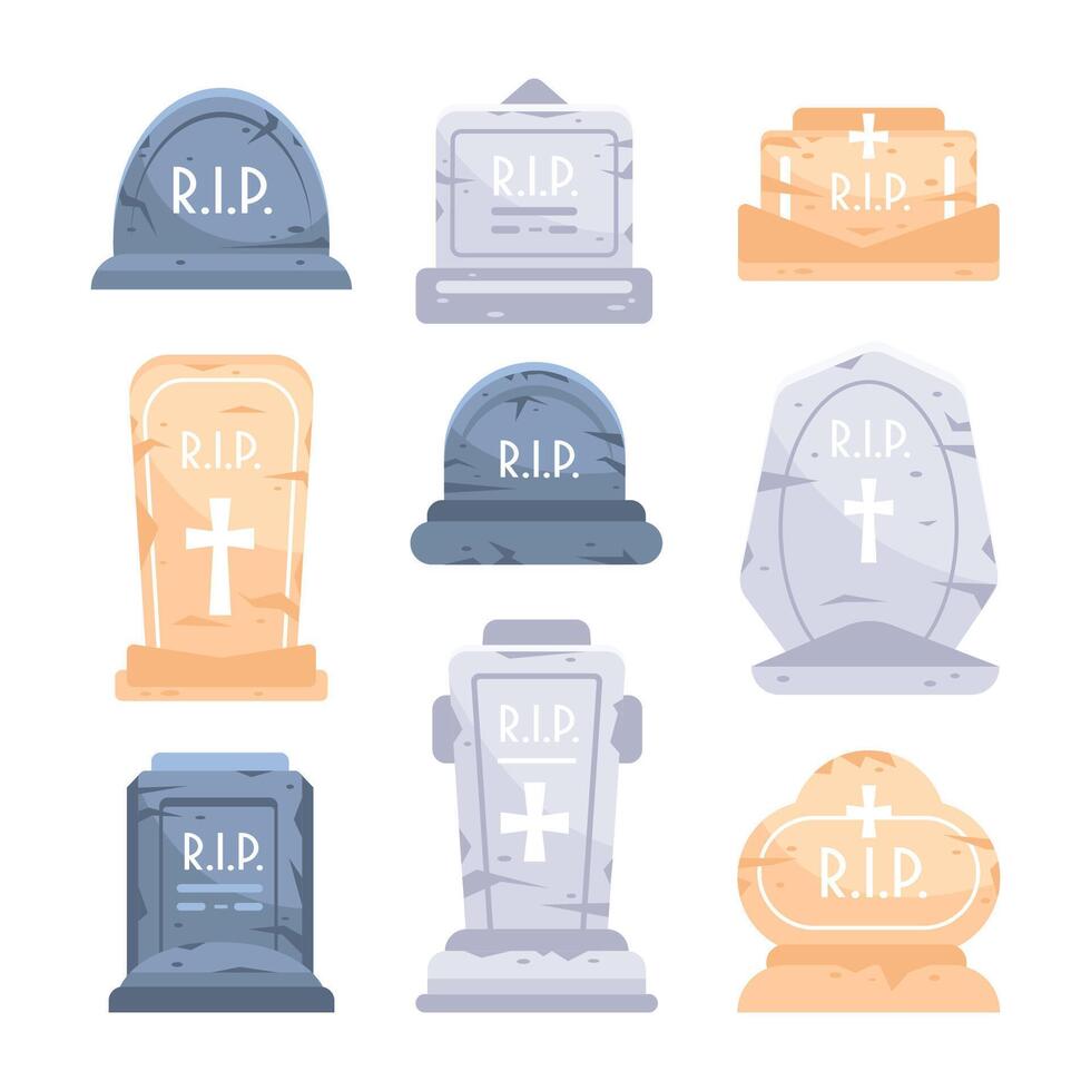 Set of different types of empty tombstone collection. Grave headstone. Cemetery graves and gravestones vector