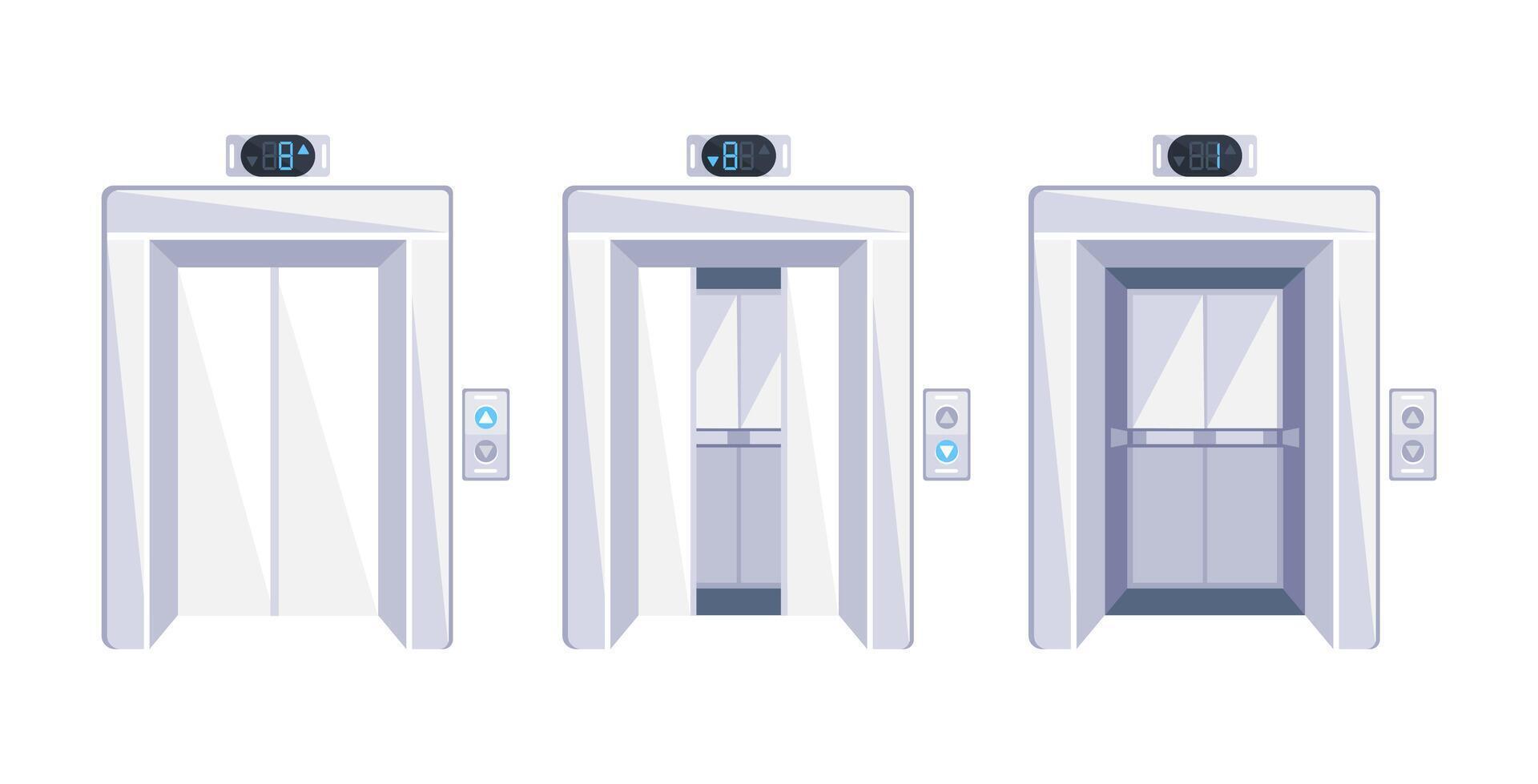 Elevator doors. Open and closed chrome metal doors and button panel closeup vector