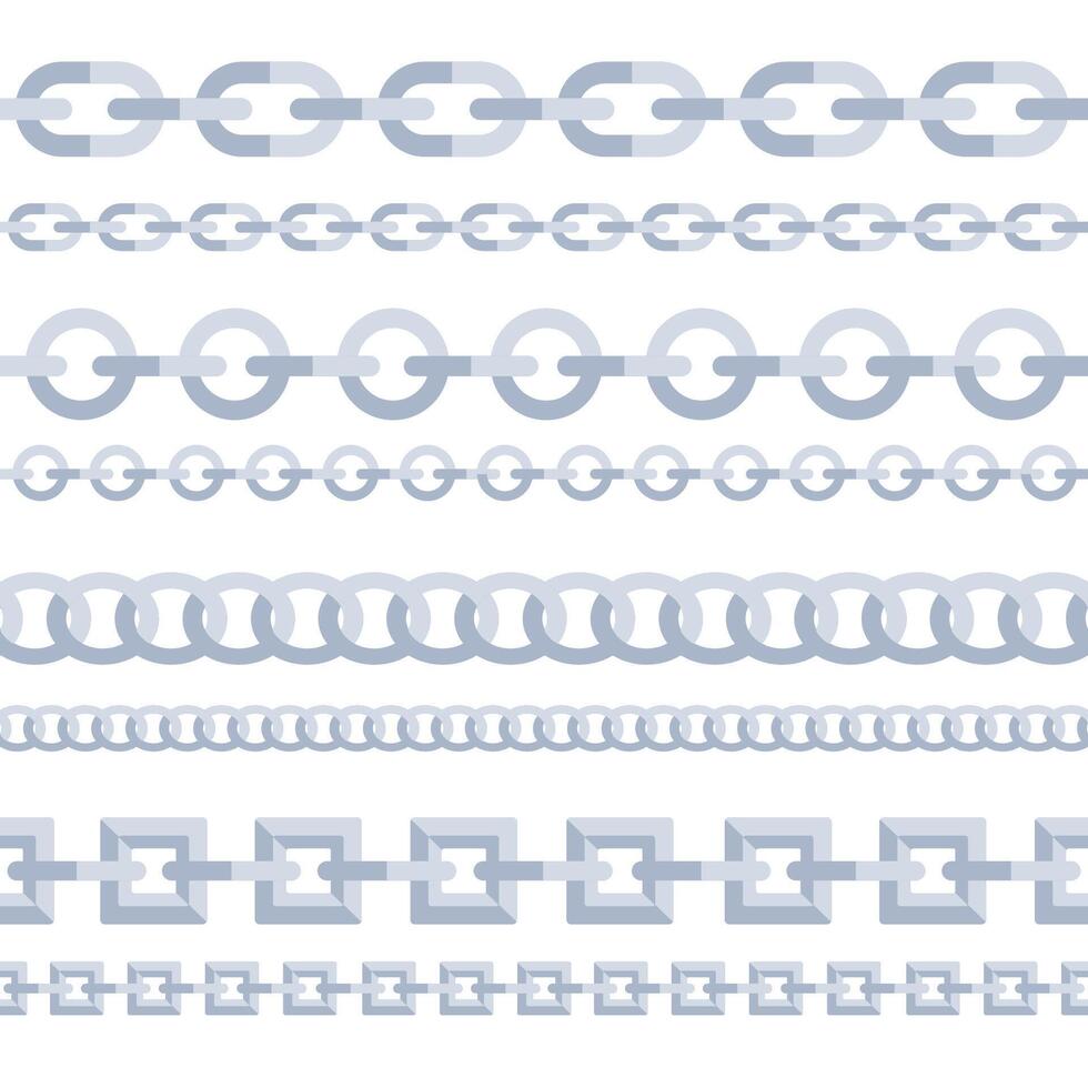 Metal chains big set. Vertical chain for fabric. Metallic link of jewelry. Chaining string vector