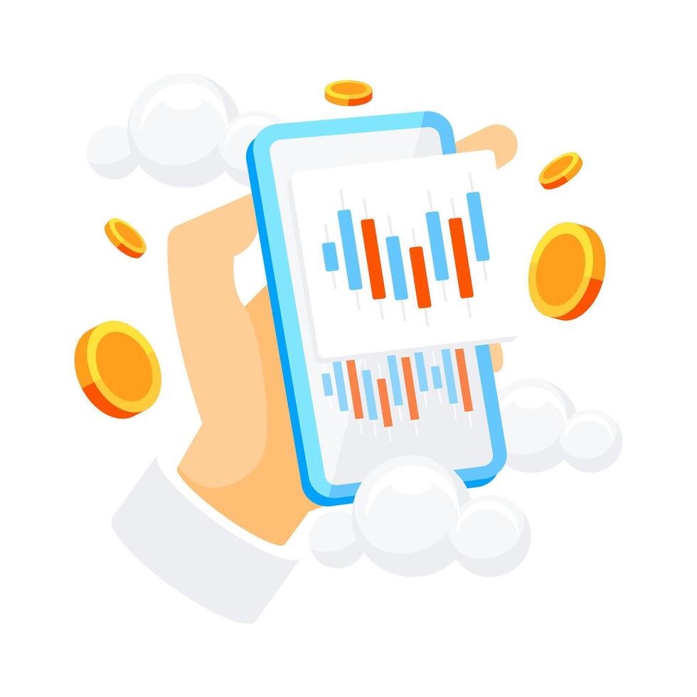 Stock online trading with smartphone. Business graph or chart stock market. Candlestick chart, cryptocurrency vector